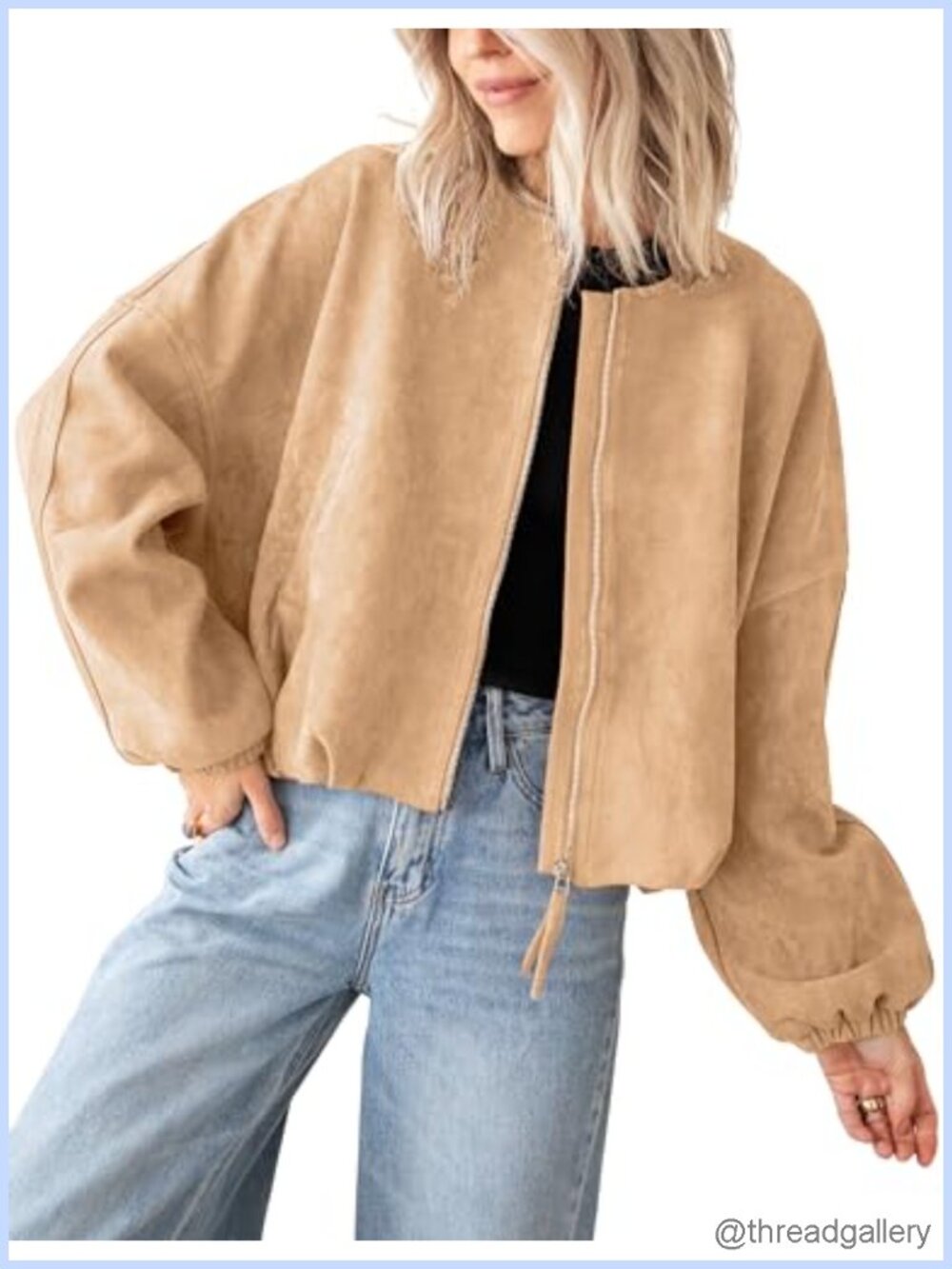 Women's Faux Suede Bomber Jacket Oversized Cropped Zip Up Coat